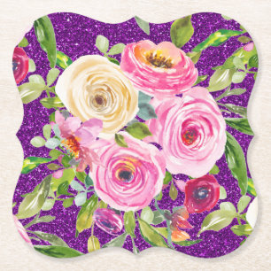 Rose in Rosa und Creme, Lila Glitzer Untersetzer