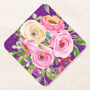 Rose in Rosa und Creme, Lila Glitzer Untersetzer