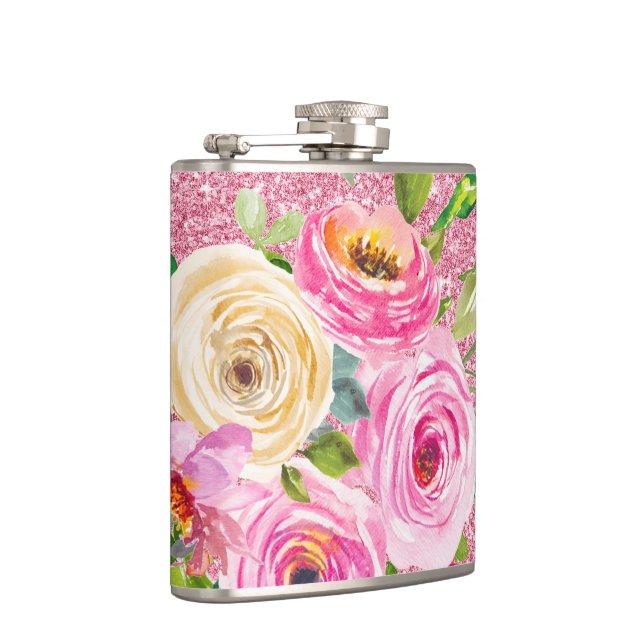 Rose in Rosa und Cremepinot Glitzer Flachmann (Rechts)