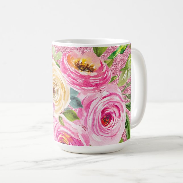 Rose in Rosa und Cremepinot Glitzer Kaffeetasse (VorderseiteRechts)