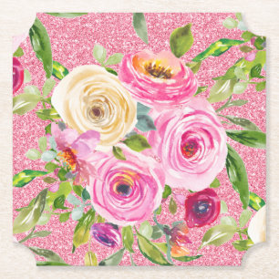 Rose in Rosa und Cremepinot Glitzer Untersetzer