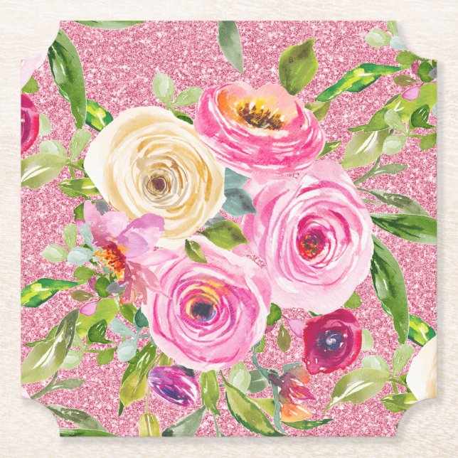 Rose in Rosa und Cremepinot Glitzer Untersetzer (Vorderseite)