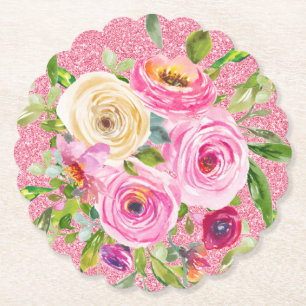 Rose in Rosa und Cremepinot Glitzer Untersetzer