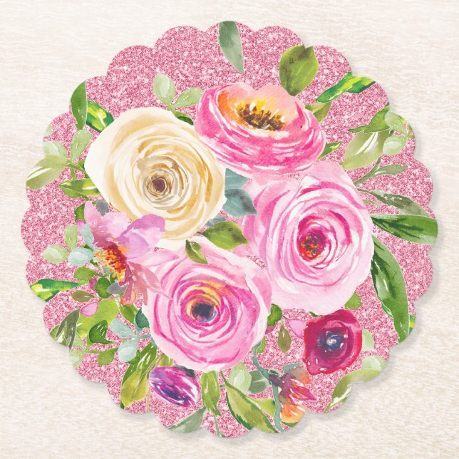 Rose in Rosa und Cremepinot Glitzer Untersetzer (Vorderseite)