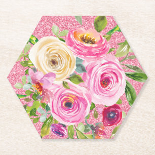 Rose in Rosa und Cremepinot Glitzer Untersetzer