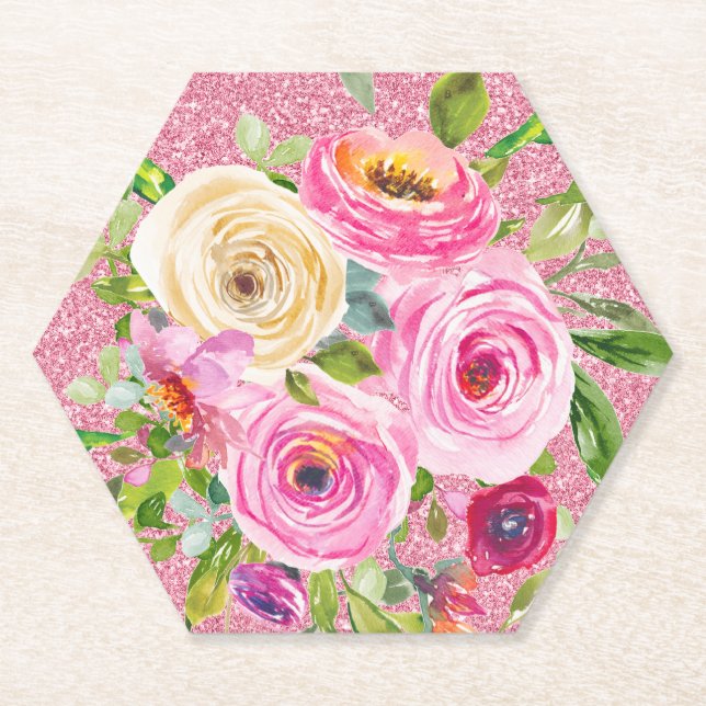 Rose in Rosa und Cremepinot Glitzer Untersetzer (Vorderseite)