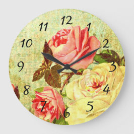 Rose in rosa und gelbes Shabby Chic Vintag Große Wanduhr