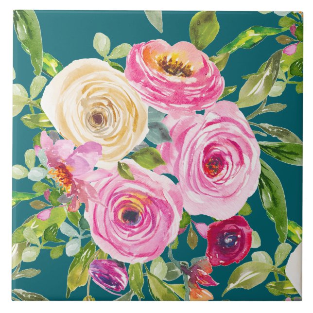 Rose in Rosa und Rot auf Aquamarin Fliese (Vorderseite)