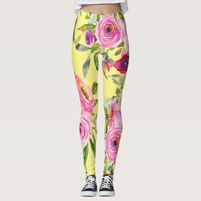 Rose in Rosa und Rot auf Gelb Leggings (Vorderseite)