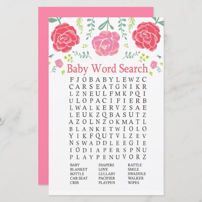 Rose Kinderdusche Word Search Game (Vorne/Hinten)