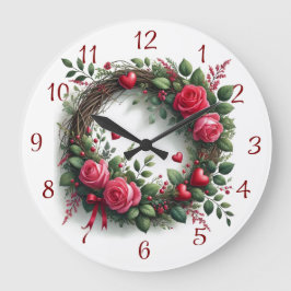 Rose Kranz mit Rotem Herzen Große Wanduhr