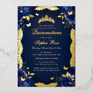 Rose Lace Butterfly Navy Quinceanera Geburtstag Folieneinladung