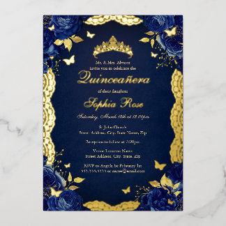 Rose Lace Butterfly Navy Quinceanera Geburtstag Folieneinladung