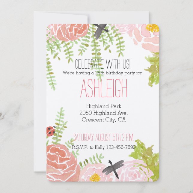Rose Libellen Wasserfarben Garten Geburtstag Einladung (Vorderseite)