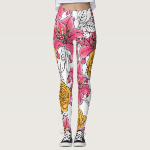 Rose Lilies Handgezeichnetes Muster Leggings