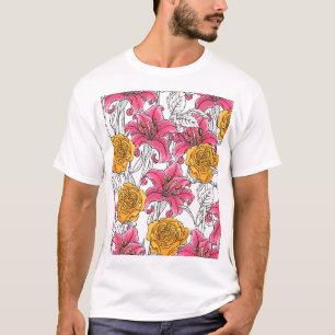 Rose Lilies Handgezeichnetes Muster T-Shirt