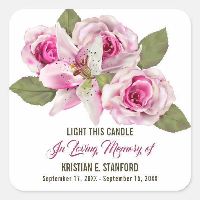 Rose Lily Greenery Candle Memorial Label Quadratischer Aufkleber (Vorderseite)
