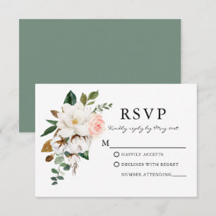 Rose Magnolias Hochzeitssage Grün RSVP Karte