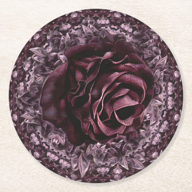 Rose Mandala Runder Pappuntersetzer (Vorderseite)