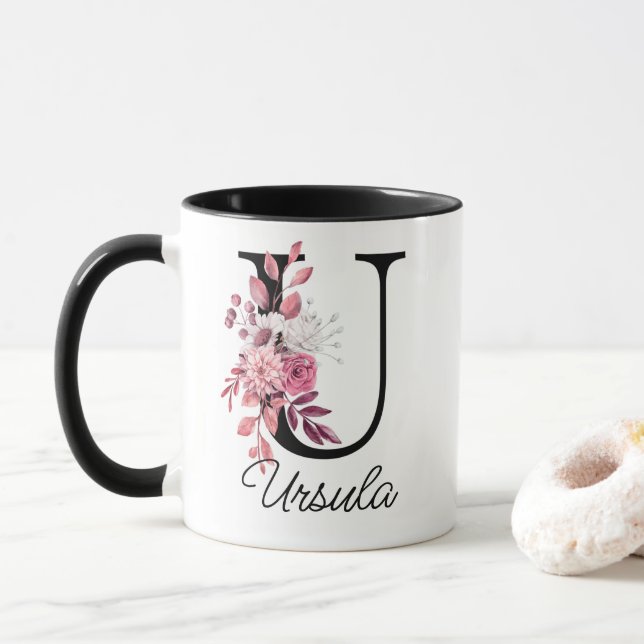 Rose Mauve Floral Letter U Monogram Initial Tasse (Mit Donut)