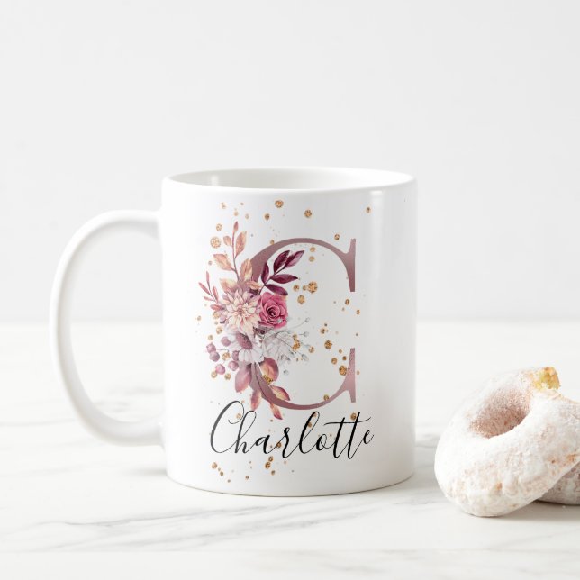 Rose Mauve Pink Floral Monogram Letter C Kaffeetasse (Mit Donut)