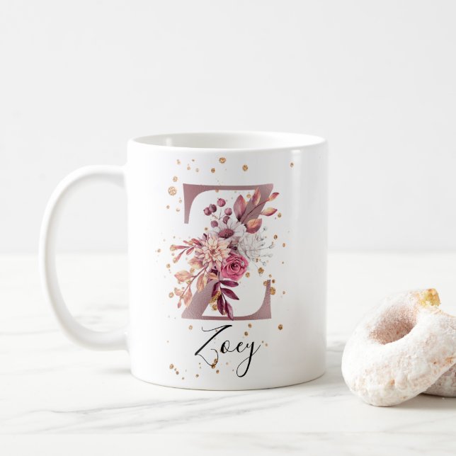 Rose Mauve Pink Floral Monogram Z Kaffeetasse (Mit Donut)