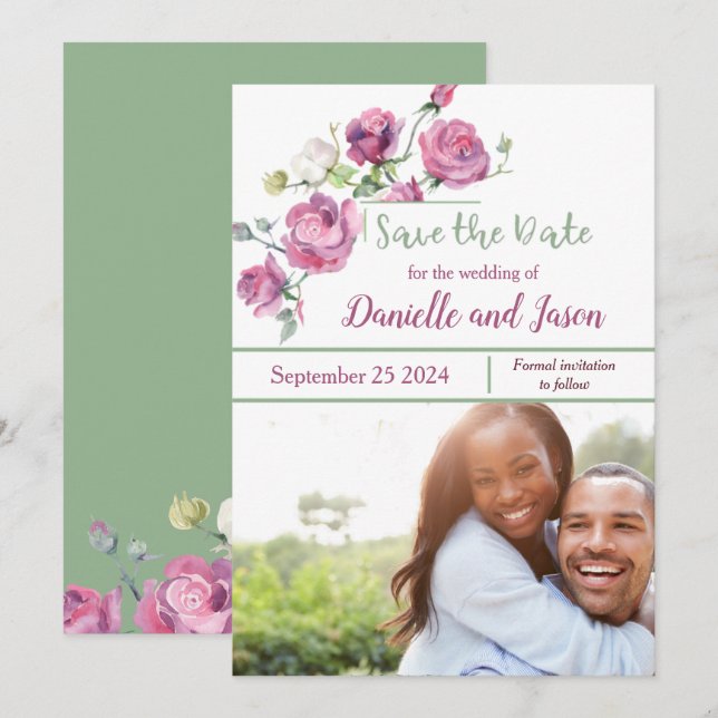 Rose Mauve und Sage Foto Save the Date Ankündigung (Vorne/Hinten)