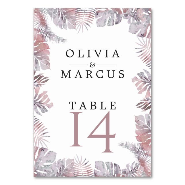 Rose Mauve Watercolor Tropic Blätter Tischnummer (Vorderseite)