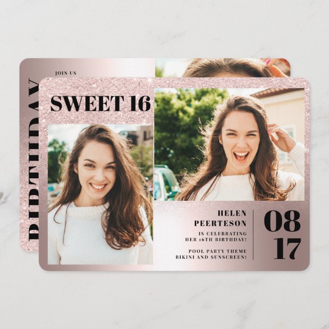 Rose metallischer Glitzer 3 Fotos Sweet 16 Geburts Einladung (Vorne/Hinten)