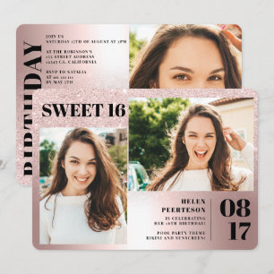 Rose metallischer Glitzer 3 Fotos Sweet 16 Geburts Einladung