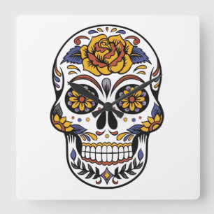 Rose Mexican Sugar Skull Day of the Dead Quadratische Wanduhr