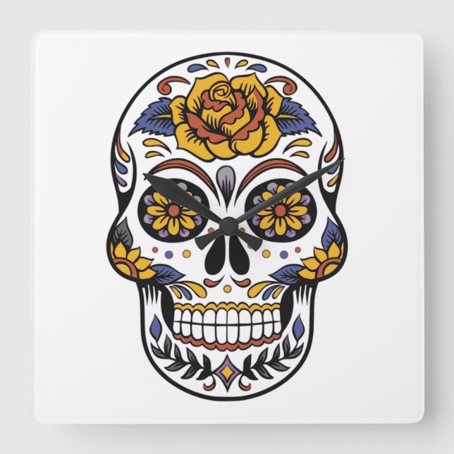 Rose Mexican Sugar Skull Day of the Dead Quadratische Wanduhr (Vorderseite)