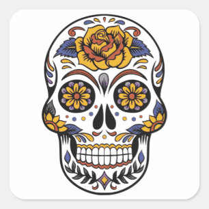 Rose Mexican Sugar Skull Day of the Dead Quadratischer Aufkleber