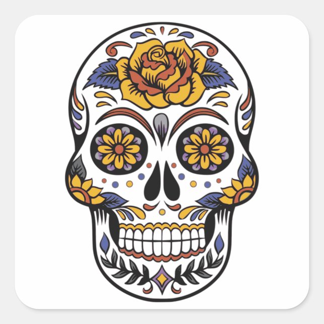 Rose Mexican Sugar Skull Day of the Dead Quadratischer Aufkleber (Vorderseite)
