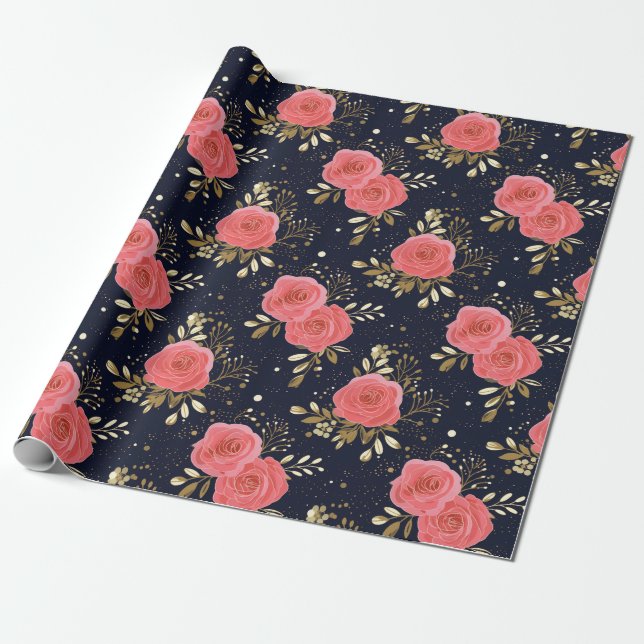Rose mit Blütenmuster aus Gold, Navy und Pink Geschenkpapier (Ungerollt)