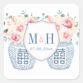 Rose mit dem Hochzeitslogo in Rosa und Chinoiserie Quadratischer Aufkleber