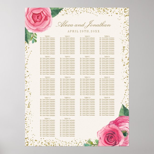 Rose mit goldfarbenem und rosa Wasserfarben Poster (Vorne)