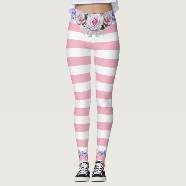 Rose mit rosa Streifen Leggings (Vorderseite)