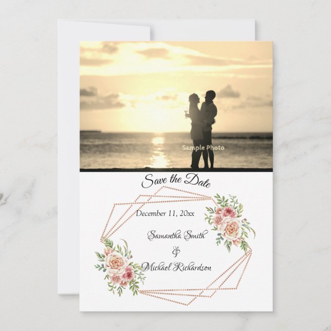 Rose mit Rose Gold Geometric Foto Save the Date (Vorderseite)