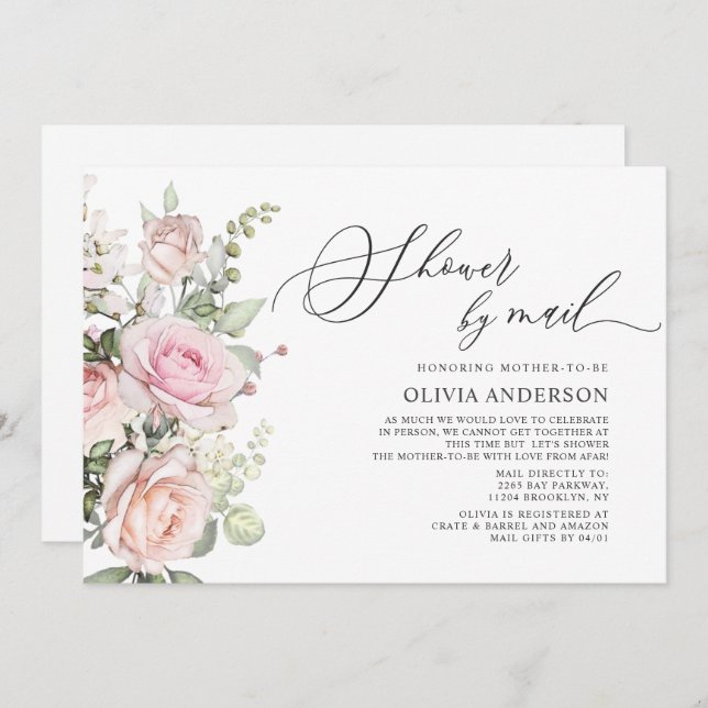 Rose mit Wasserfarbe Virtual Baby Dusche per Mail Einladung (Vorne/Hinten)