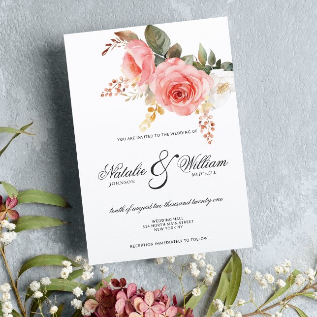 Rose mit weißer Korallenblume Einladung (Watercolor white pink coral roses floral wedding)