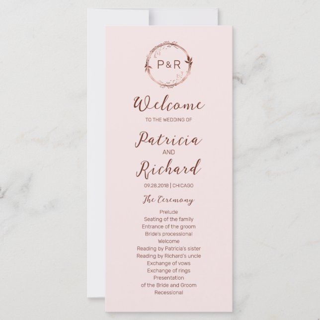 Rose Monogram Wedding Zeremony Programm 4x9 Card (Vorderseite)