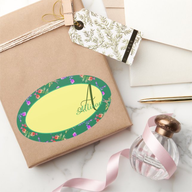 Rose-Monogramm-Aufkleber Ovaler Aufkleber (Schenken)