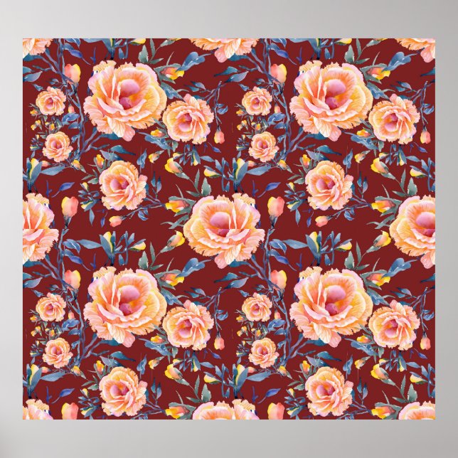 Rose, nahtlos, rotes Hintergrundmuster Poster (Vorne)