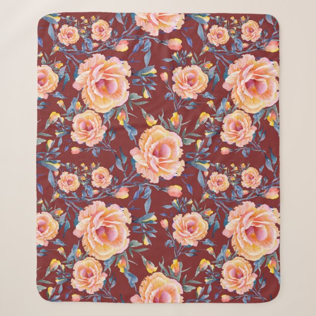 Rose, nahtlos, rotes Hintergrundmuster Sherpadecke (Vorderseite)