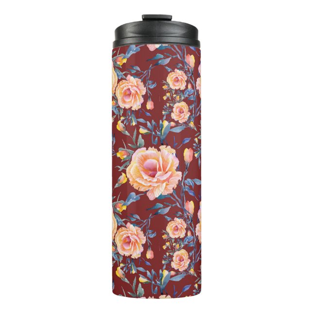 Rose, nahtlos, rotes Hintergrundmuster Thermosbecher (Vorderseite)
