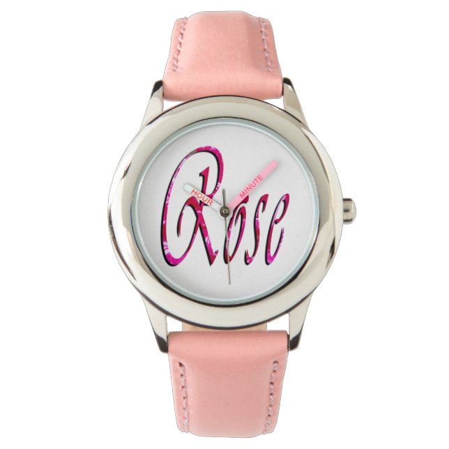 Rose, Name, Logo, Girls Pink Leder Uhr. Armbanduhr (Vorderseite)
