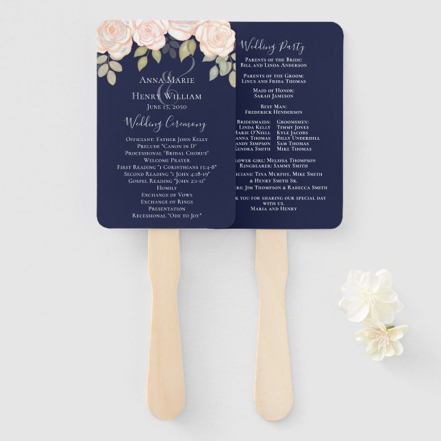 Rose Navy Blue Hochzeitsprogramm für Wasserfarben Fächer (Vorne und Hinten)