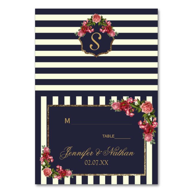 Rose Navy Strips und Gold Platzkarten Tischnummer (Vorderseite)