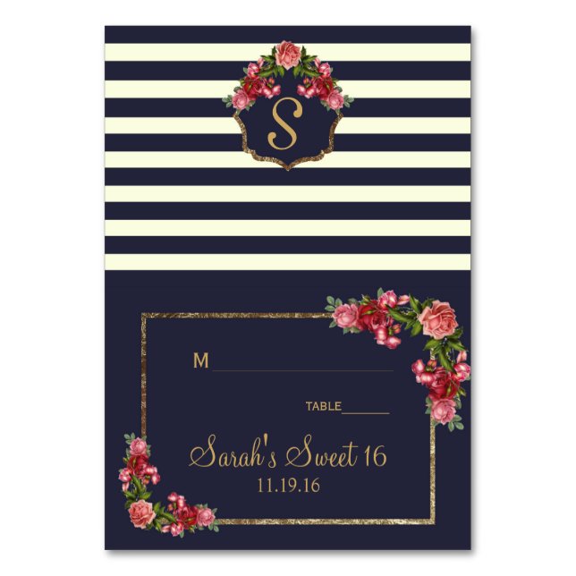 Rose Navy Strips und Gold Platzkarten Tischnummer (Vorderseite)